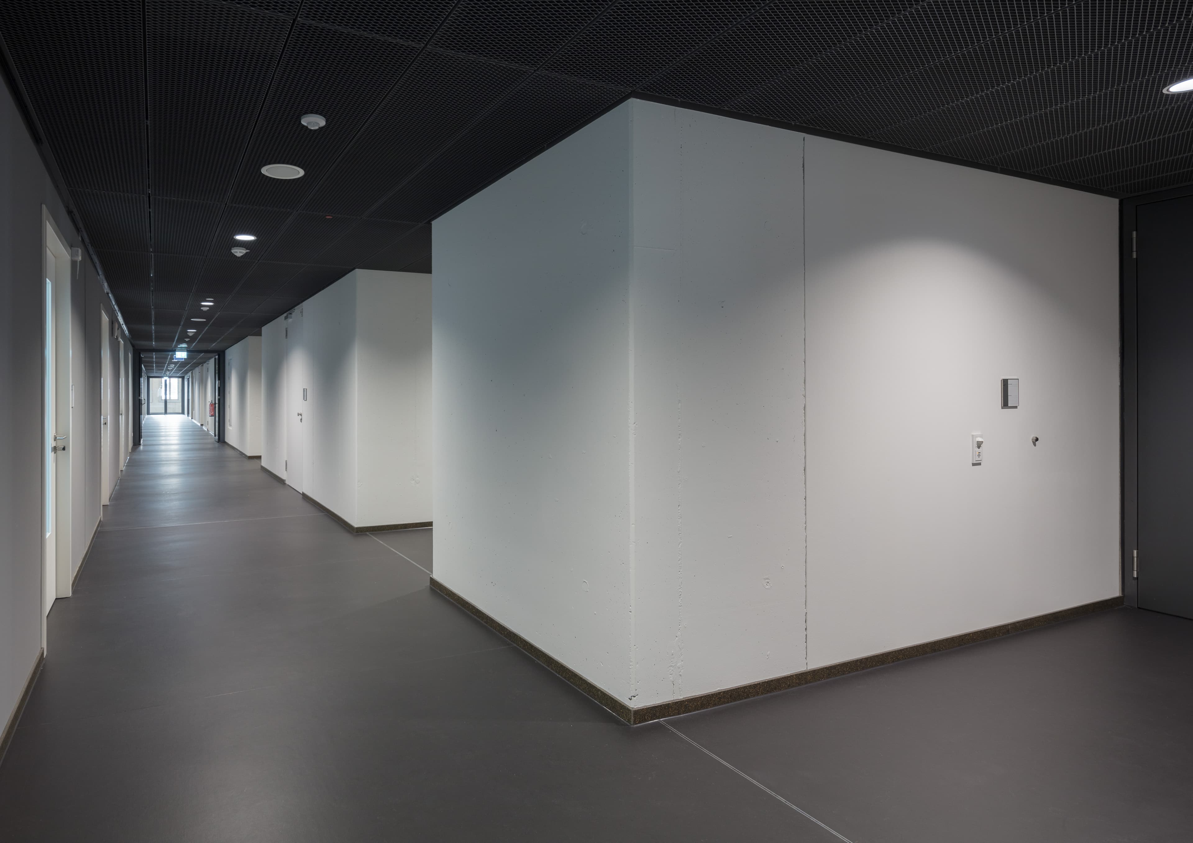 Moderner Flur mit dunkler Decke, weißen Wandflächen und klarer, minimalistischer Gestaltung.