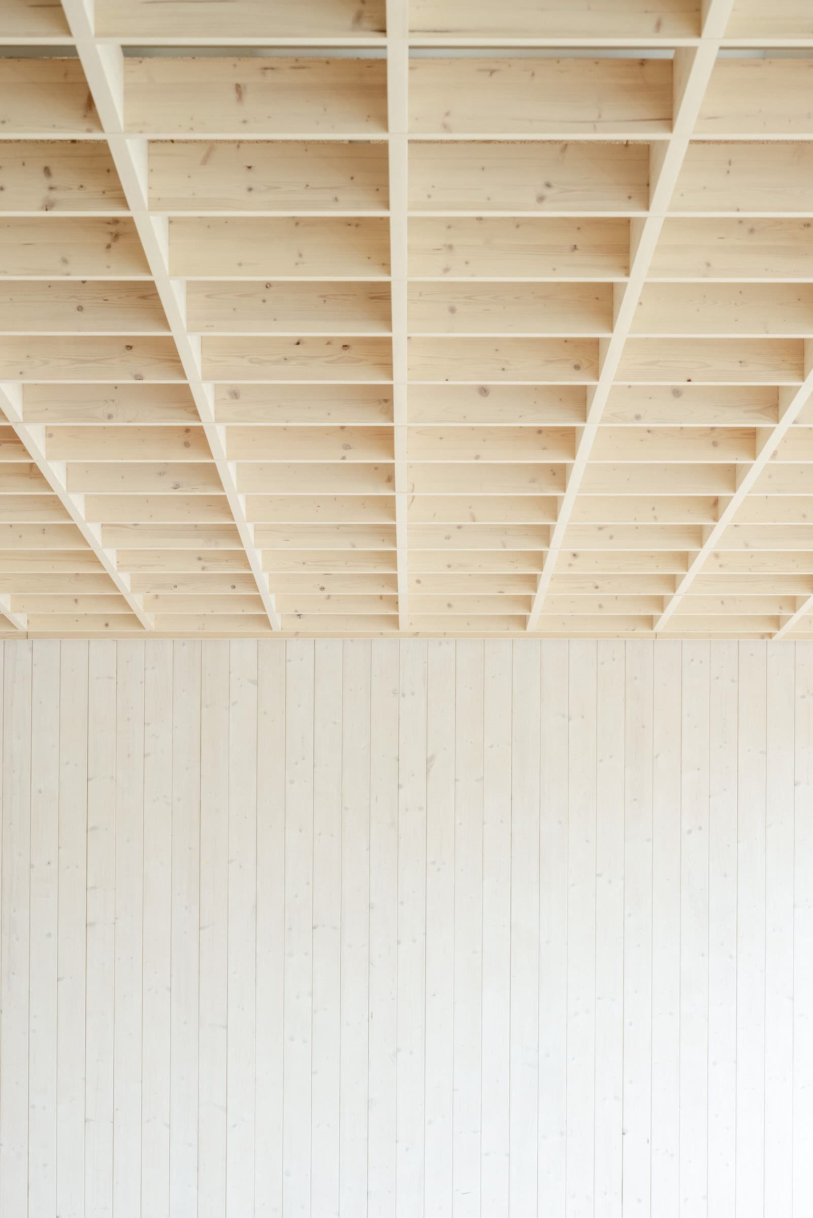Detailansicht einer Holzrasterdecke über einer hellen Holzwand.