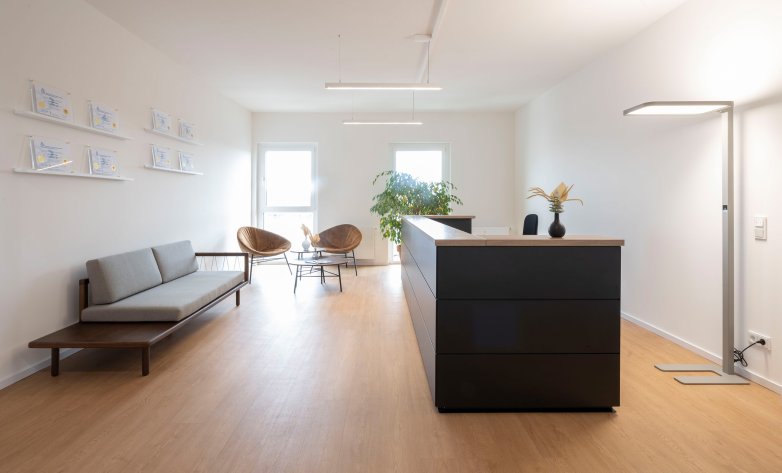 Edler Empfangsbereich mit großer Theke und schicken Möbeln. Ganze Raum mit hochwertigen Holzboden ausgelegt - Lucid