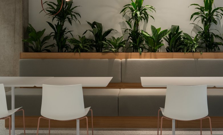 Accor Invest Streitfeldstrasse, Esstisch, Bepflanzung, Holzverkleidung